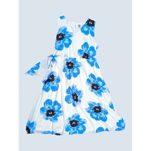 Anne Klein XXL Blue White Floral Sleeveless Dress - Textured, Belted